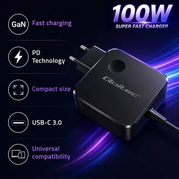 Qoltec 100W GaN USB-C PD nabíjačka 5-20V 3-5A čierna