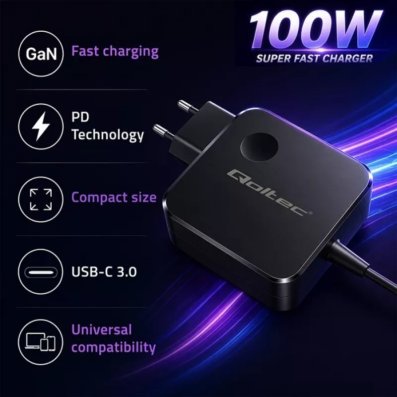 Qoltec 100W GaN USB-C PD nabíjačka 5-20V 3-5A čierna