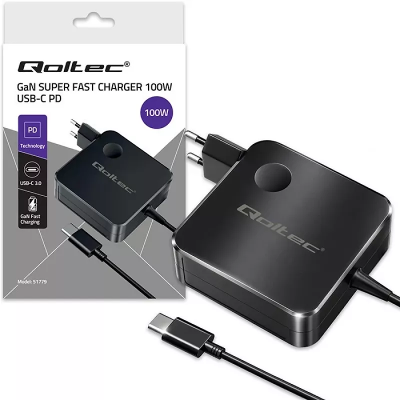 Qoltec 100W GaN USB-C PD nabíjačka 5-20V 3-5A čierna
