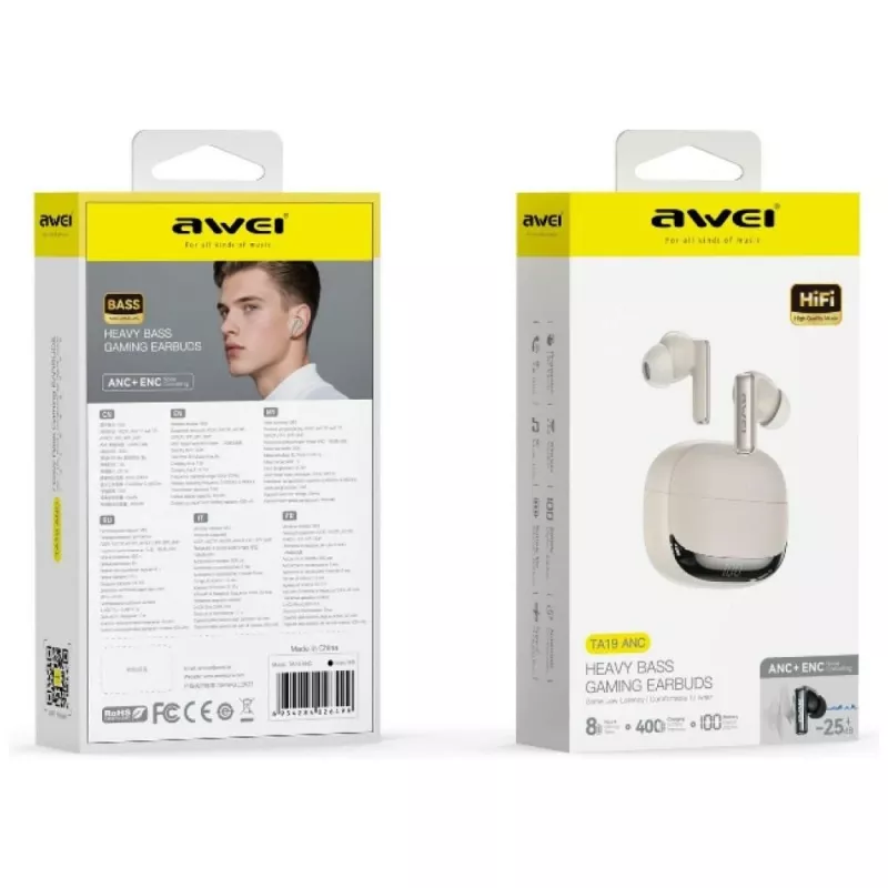 AWEI TA19 ANC TWS Bluetooth 6.0 slúchadlá béžové