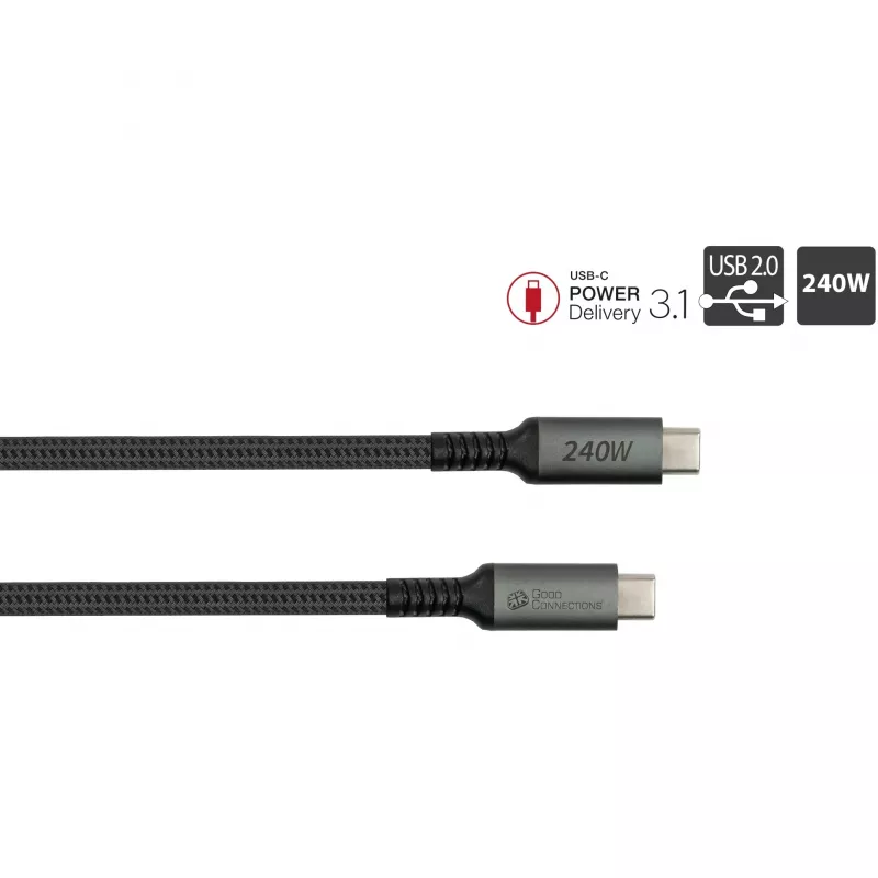 GoodConnections USB-C 2.0 (ST-ST) 3m prepojovací kábel textilný obal 240W antracit