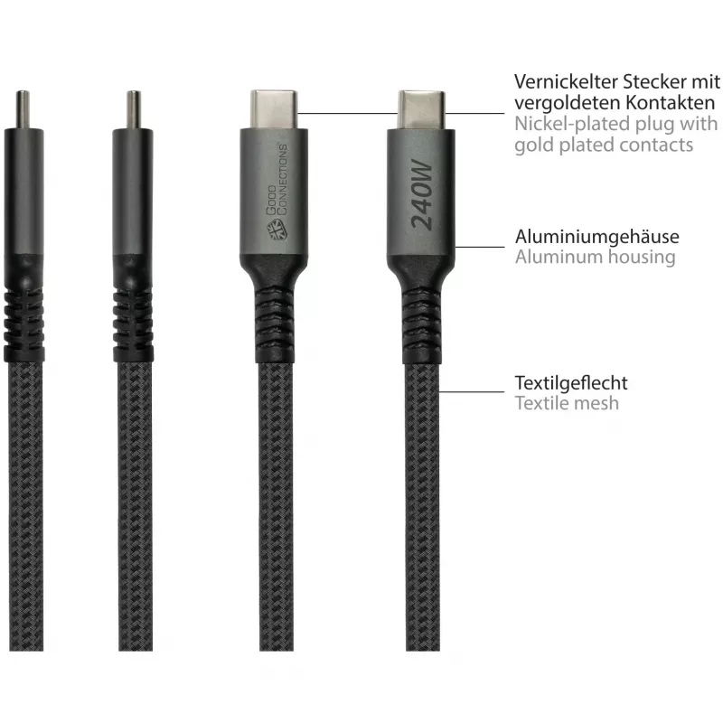 GoodConnections USB-C 2.0 (ST-ST) 3m prepojovací kábel textilný obal 240W antracit