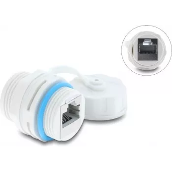 Delock RJ45 konektor samica na samicu Cat.6A so závitom M23.5 x 1,5 mm a ochrannou krytkou IP68 prachotesný a vodotesný biely (87156)
