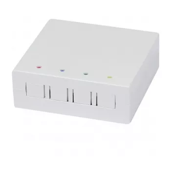 Synergy21 FTTH nástenná skrinka pre 4 spojky SC simplex alebo LC duplex, 80x80mm s vedením káblov, montáž na DIN lištu/stenu, zmršťovacia bužírka, biela