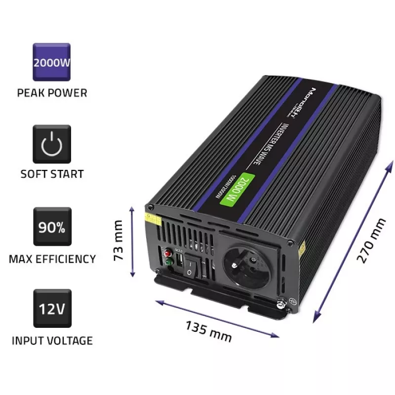 Qoltec Monolith 2000 MS Wave menič napätia 12V na 230V 1000/2000W USB
