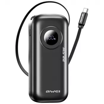 AWEI PowerBank PA-9 10000mAh 22,5W so zasúvacím káblom čierna