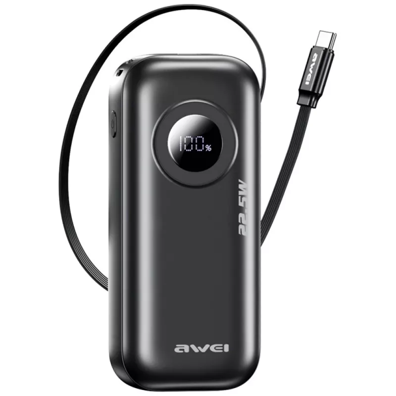 AWEI PowerBank PA-9 10000mAh 22,5W so zasúvacím káblom čierna