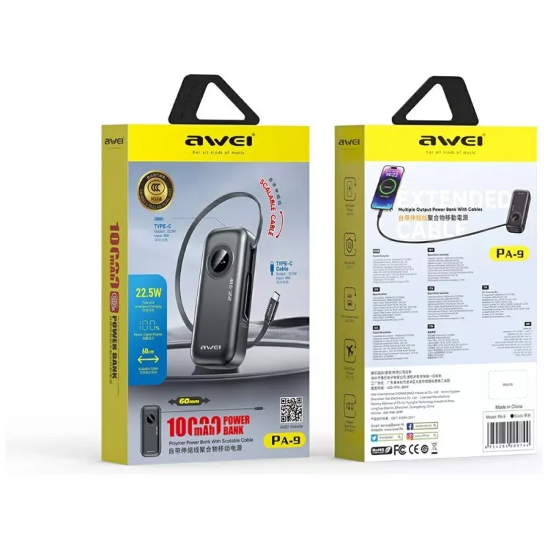AWEI PowerBank PA-9 10000mAh 22,5W so zasúvacím káblom čierna