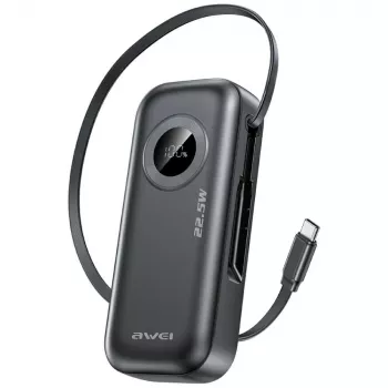 AWEI PowerBank PA-9 10000mAh 22,5W so zasúvacím káblom čierna