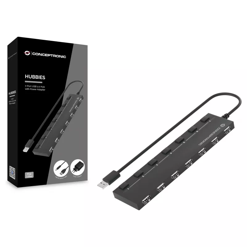Conceptronic 7-port USB 2.0 hub s napájacím zdrojom - čierny (HUBBIES08BP)