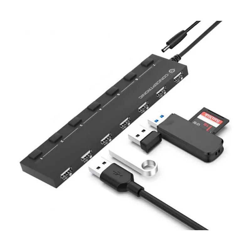 Conceptronic 7-port USB 2.0 hub s napájacím zdrojom - čierny (HUBBIES08BP)