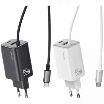USAMS JC Series CC266 65W GaN rýchla nabíjačka 2xUSB-C 1xUSB-A s integrovaným USB-C káblom 1,5m biela