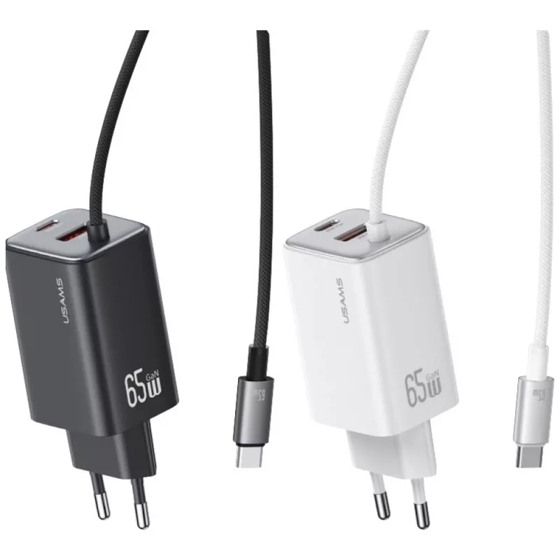 USAMS JC Series CC266 65W GaN rýchla nabíjačka 2xUSB-C 1xUSB-A s integrovaným USB-C káblom 1,5m biela