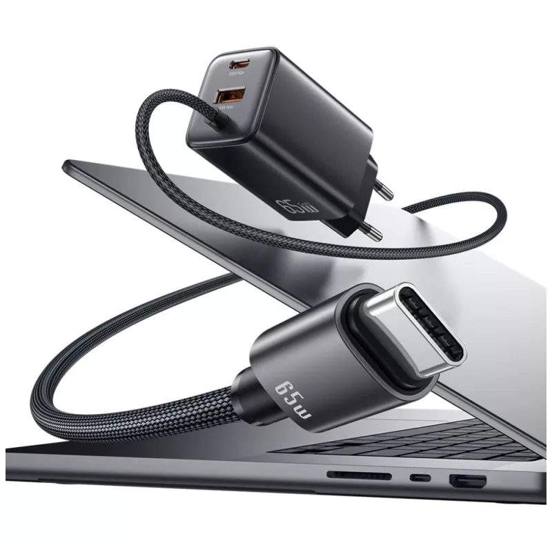 USAMS JC Series CC266 65W GaN rýchla nabíjačka 2xUSB-C 1xUSB-A s integrovaným USB-C káblom 1,5m biela
