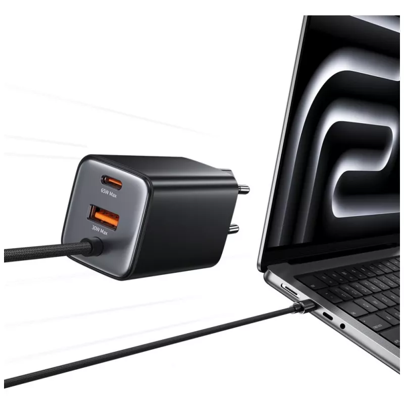 USAMS JC Series CC266 65W GaN rýchla nabíjačka 2xUSB-C 1xUSB-A s integrovaným USB-C káblom 1,5m biela