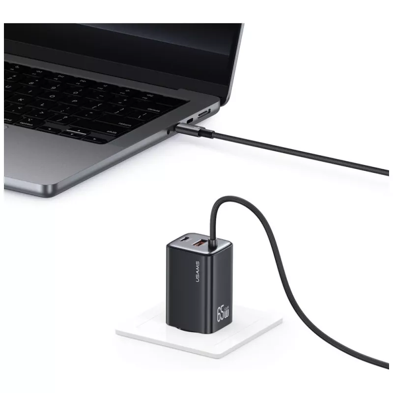 USAMS JC Series CC266 65W GaN rýchla nabíjačka 2xUSB-C 1xUSB-A s integrovaným USB-C káblom 1,5m biela