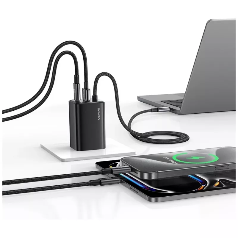 USAMS JC Series CC266 65W GaN rýchla nabíjačka 2xUSB-C 1xUSB-A s integrovaným USB-C káblom 1,5m biela