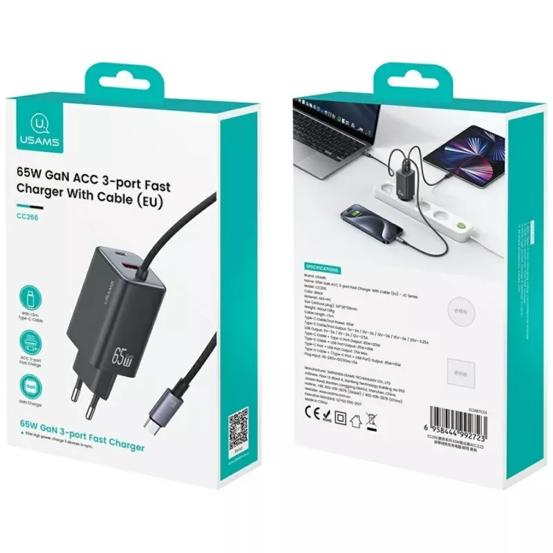 USAMS JC Series CC266 65W GaN rýchla nabíjačka 2xUSB-C 1xUSB-A s integrovaným USB-C káblom 1,5m biela