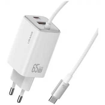 USAMS JC Series CC266 65W GaN rýchla nabíjačka 2xUSB-C 1xUSB-A s integrovaným USB-C káblom 1,5m biela