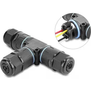 Delock T-konektor kábla, 3-pólová svorkovnica, IP68 vodotesný, pre priemer kábla 5-9 mm, vrátane tesnení pre 9-12 mm, bez nástrojov, čierny (87244)