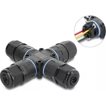 Delock X-Shape konektor kábla so skrutkovou svorkou 3-pólový, IP68 vodotesný pre priemer kábla 5 - 9 mm, vrátane tesnení pre 9 - 12 mm, bez nástrojov čierny (87247)