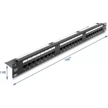 Delock 19 palcový 1U patch panel 24 portov Cat.6 s LED a odľahčovacou lištou, nezatienený, čierny (91087)