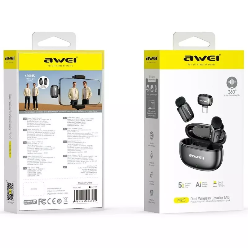 AWEI MK5 Duo Ai-Voice čierny bezdrôtový lavalier mikrofón