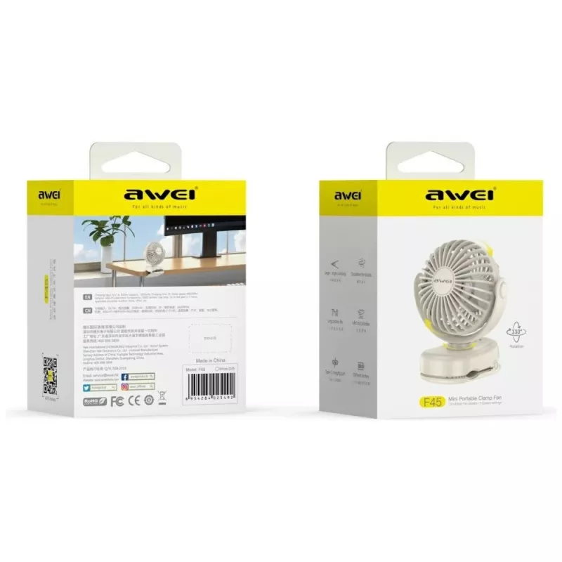 AWEI F45 Mini stolný ventilátor so svorkou, 1200mAh, biely