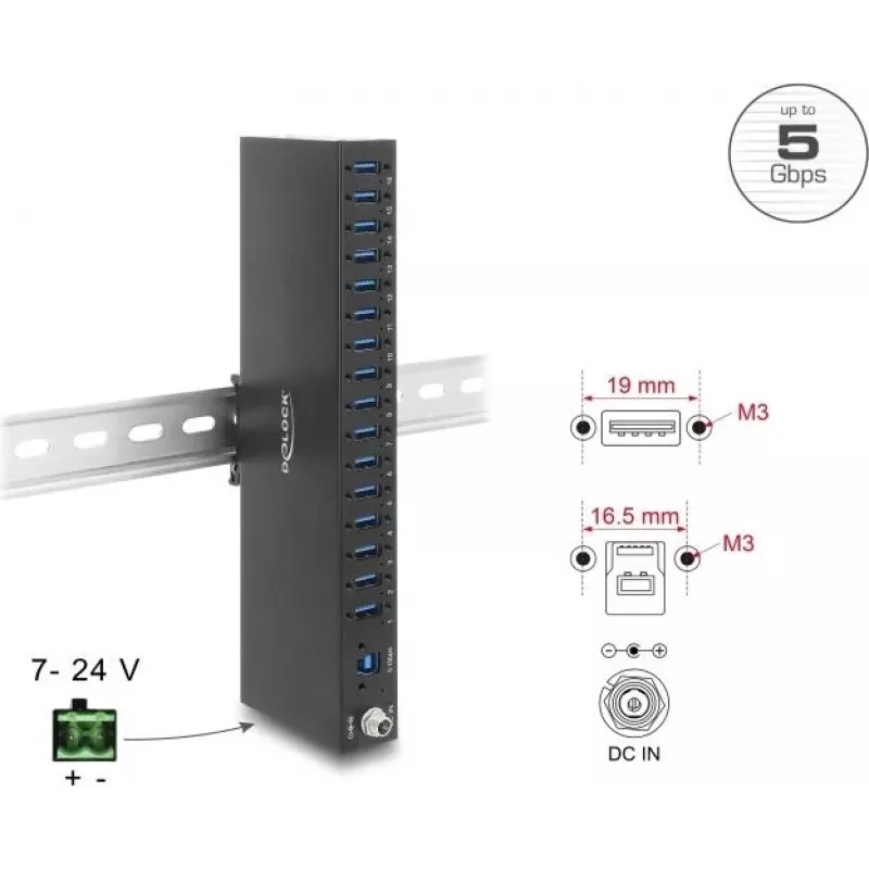 Delock Priemyselný hub 16 x USB 5 Gbps Type-A s 8 kV ESD ochranou a montážou na DIN lištu (60793)