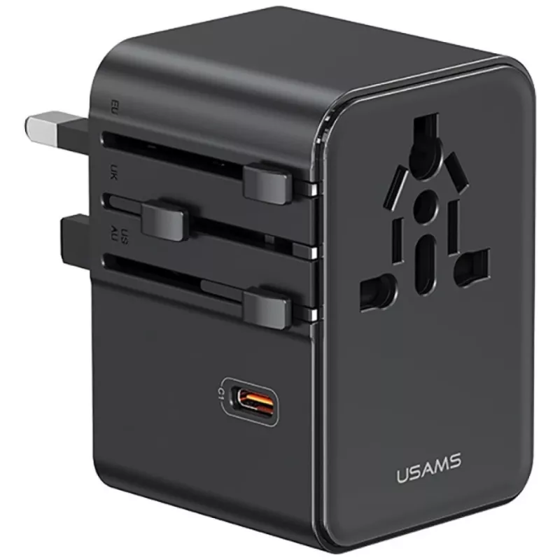 USAMS Cestovný adaptér CC310 70W 3xUSB-C US/AU/EU/UK čierny
