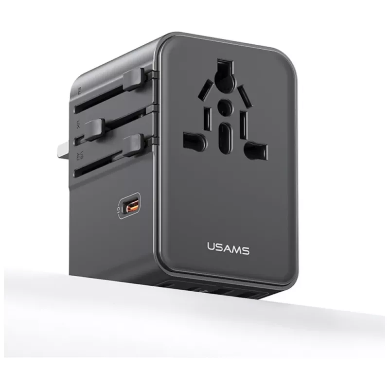 USAMS Cestovný adaptér CC310 70W 3xUSB-C US/AU/EU/UK čierny