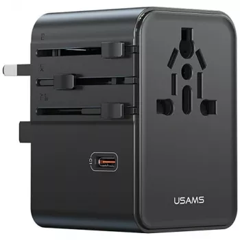 USAMS Cestovný adaptér CC310 70W 3xUSB-C US/AU/EU/UK čierny