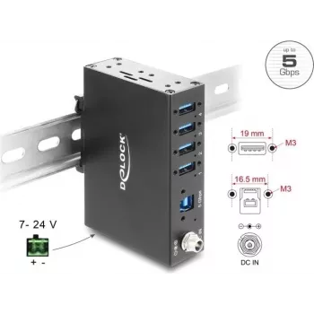 Delock Priemyselný hub 4x USB 5 Gbps Type-A s 8 kV ESD ochranou a montážou na DIN lištu
