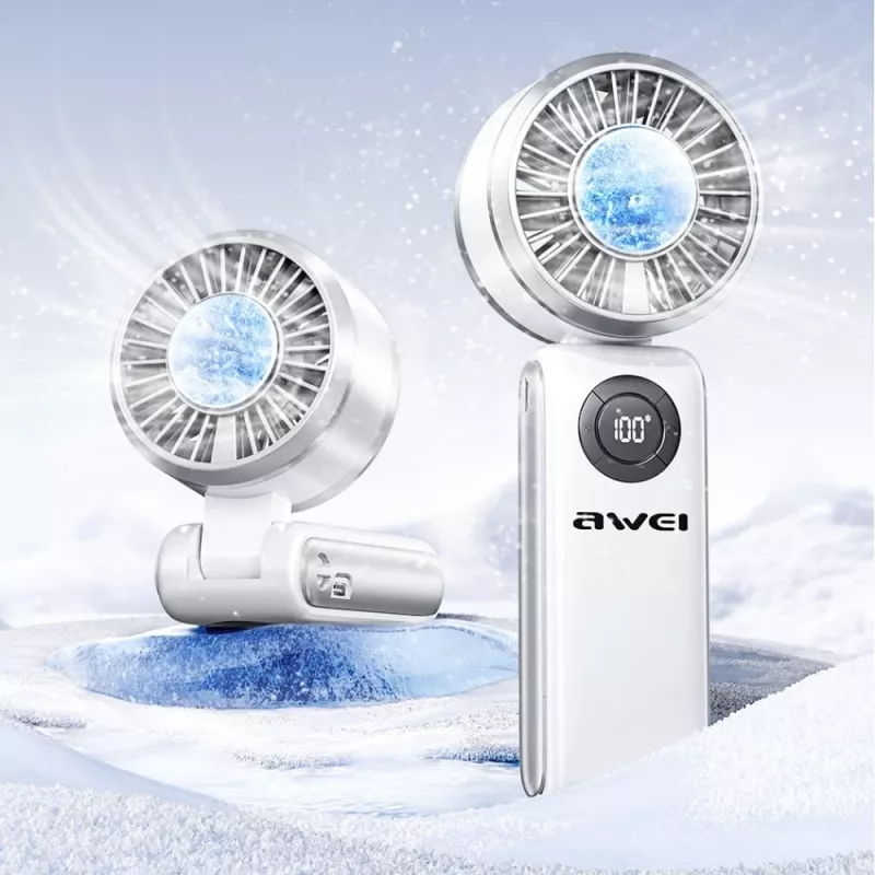 AWEI F39 Fast Ice Mini ručný ventilátor, ľadovo biela, 3600mAh, turbo chladenie, 5 stupňov, USB-C