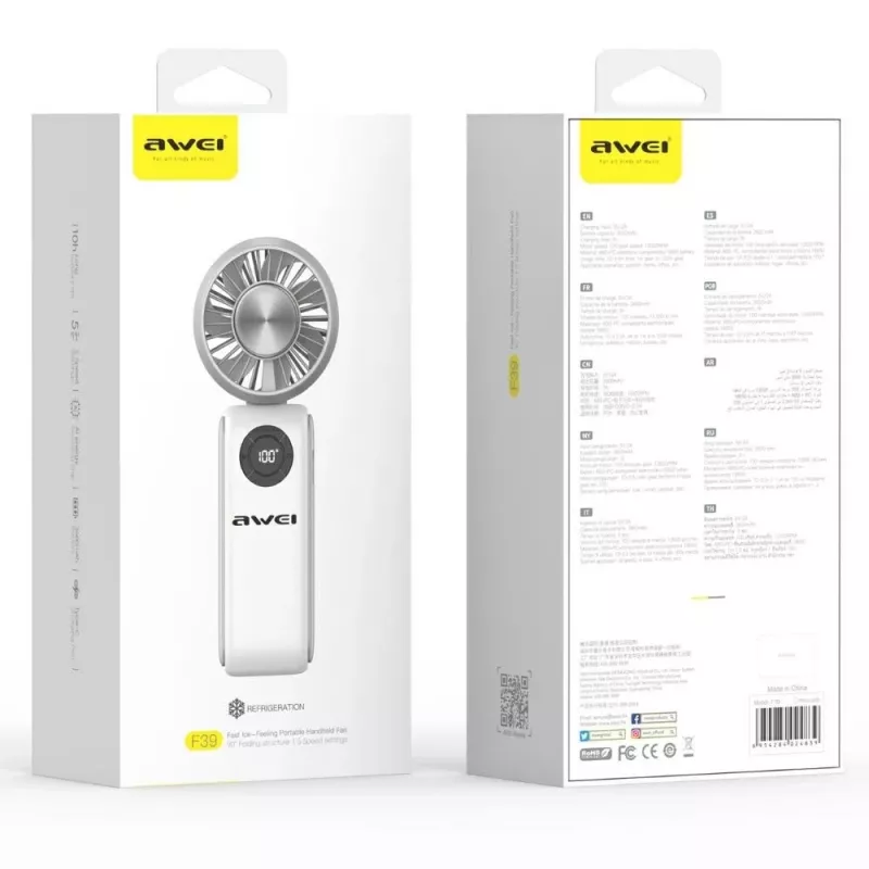 AWEI F39 Fast Ice Mini ručný ventilátor, ľadovo biela, 3600mAh, turbo chladenie, 5 stupňov, USB-C