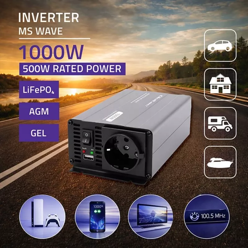 Qoltec MS Wave menič napätia 12V na 230V 500/1000W USB