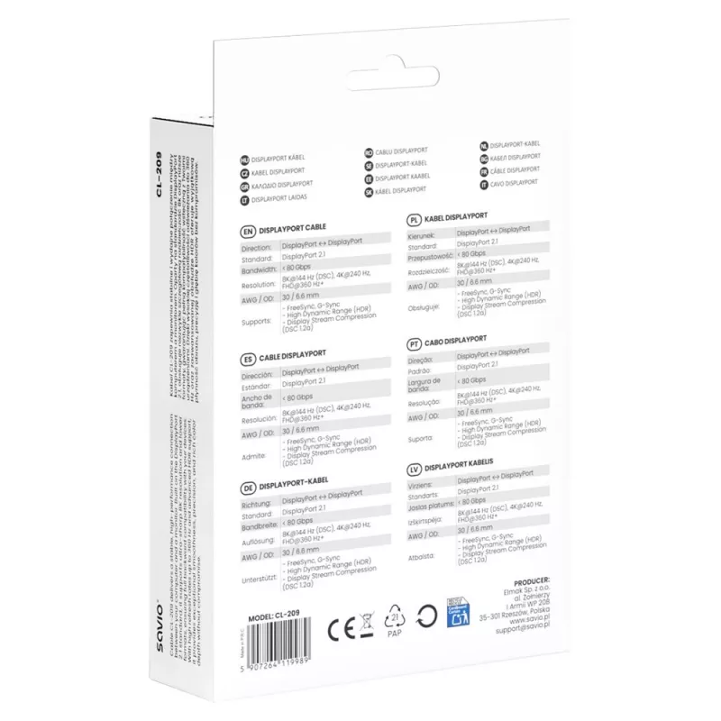 SAVIO CL-209 DisplayPort 2.1 kábel 1m čierny