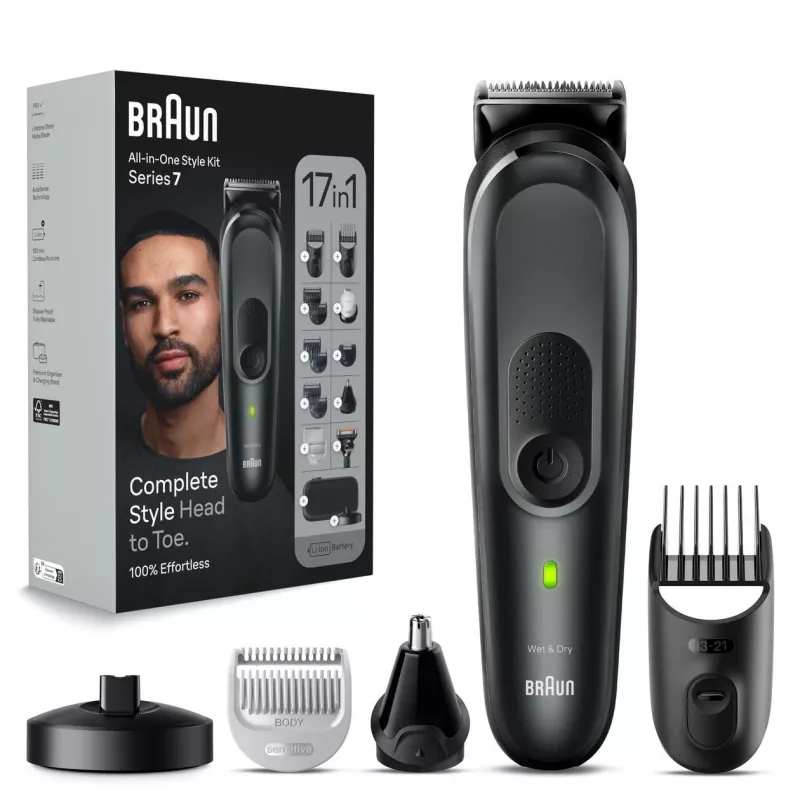 Braun MGK7491 17-in-1 Multi-Grooming Style Kit, čierna/strieborná, bezdrôtový, Li-Ion, 100 min výdrž