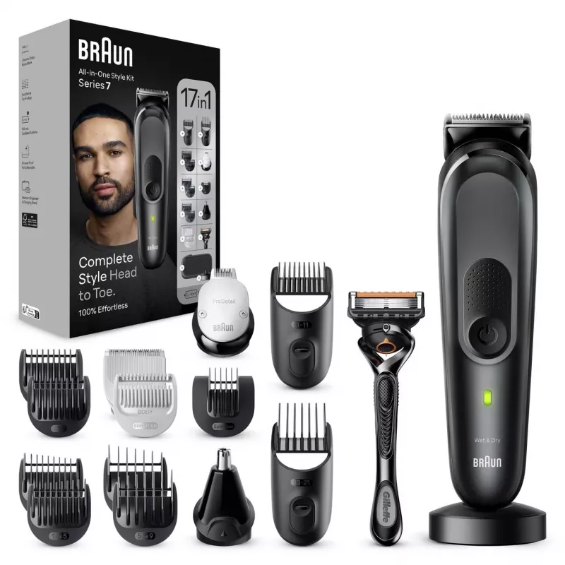 Braun MGK7491 17-in-1 Multi-Grooming Style Kit, čierna/strieborná, bezdrôtový, Li-Ion, 100 min výdrž