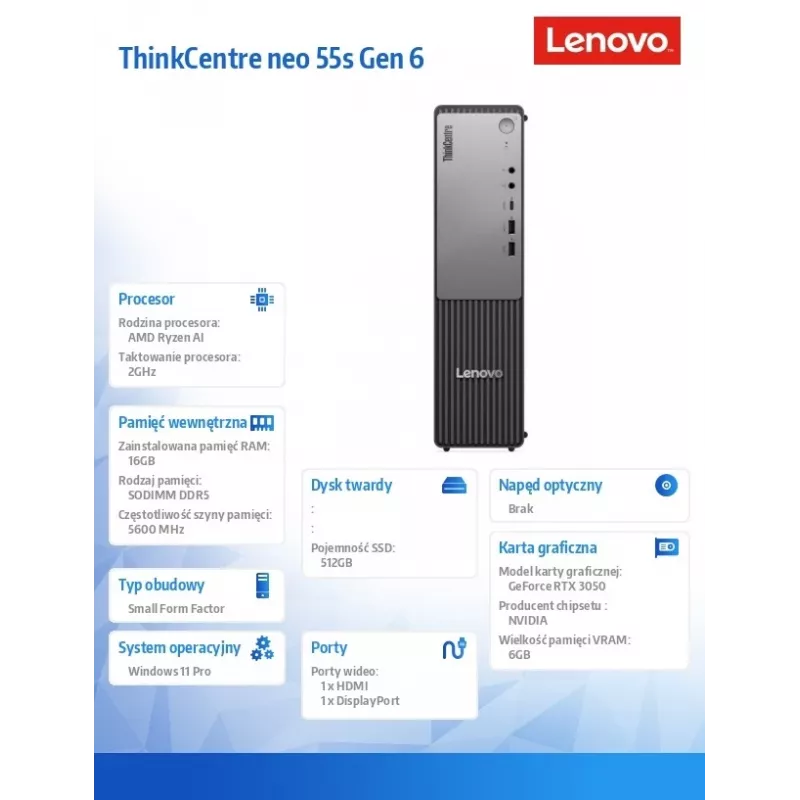 Lenovo ThinkCentre Neo 55s Gen 6 Small Form Factor stolový PC, AMD Ryzen AI 5 330, 16GB DDR5, 512GB SSD, NVIDIA GeForce RTX 3050 6GB, Windows 11 Pro, Raven Black