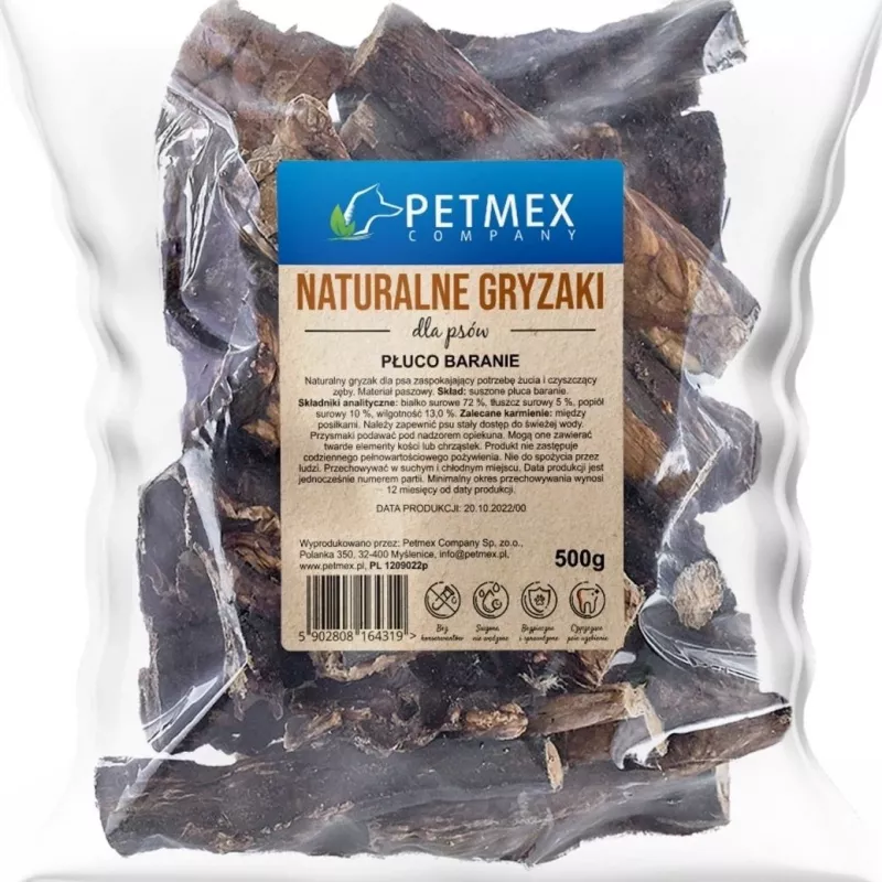 PETMEX ovčia pľúca prírodná žuvacia pochúťka pre psov 500g