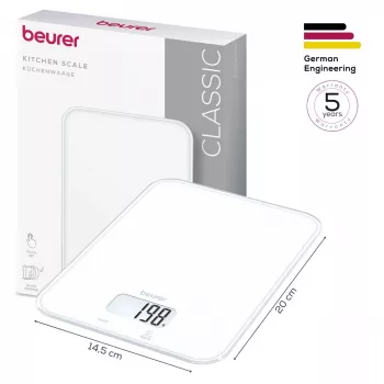 Beurer KS 19 Pure White digitálna kuchynská váha s dotykovými senzorovými tlačidlami, kapacita 5 kg, delenie 1 g, funkcia tara, LCD displej