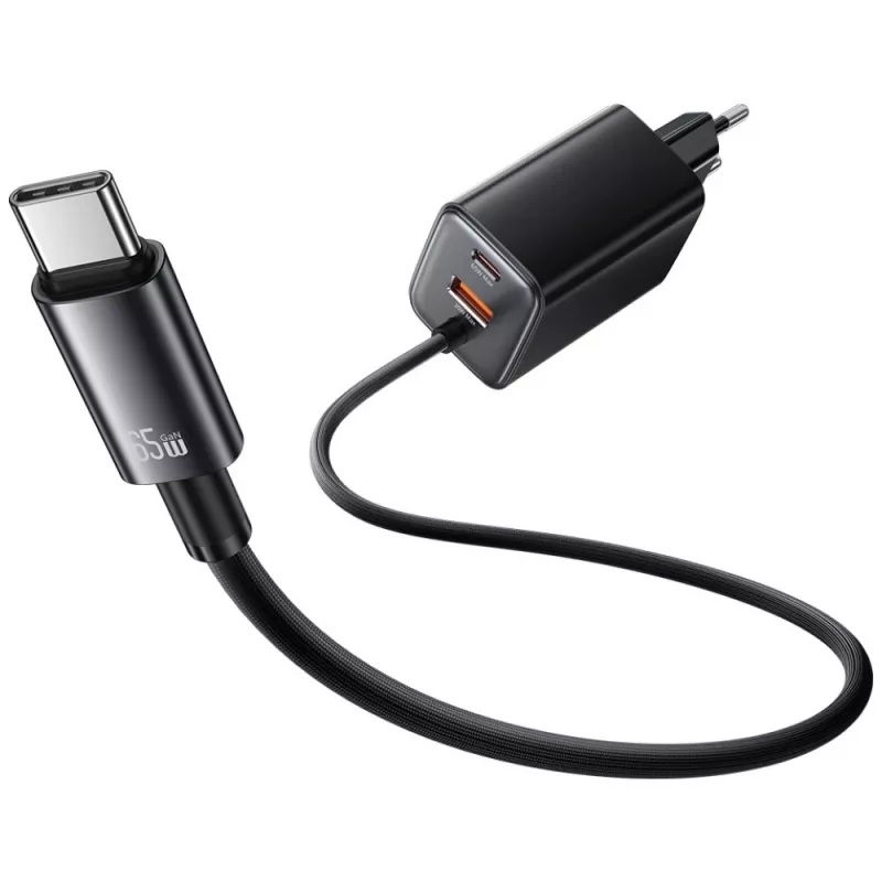 USAMS JC Series CC266 65W GaN rýchla nabíjačka s integrovaným USB-C káblom, čierna