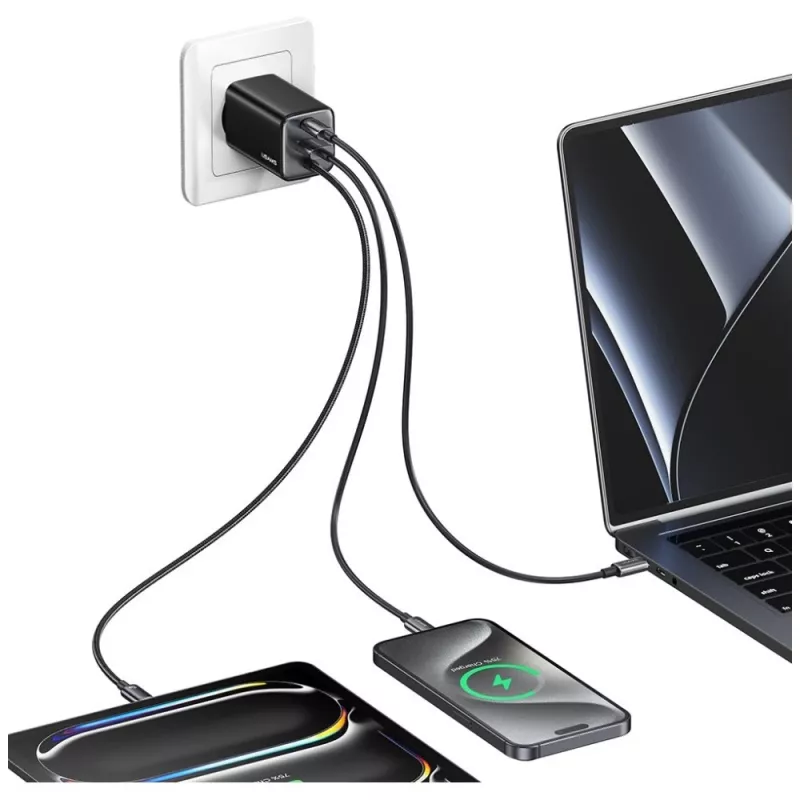 USAMS JC Series CC266 65W GaN rýchla nabíjačka s integrovaným USB-C káblom, čierna