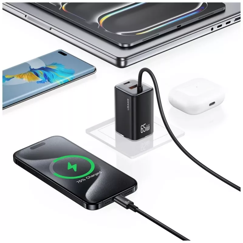 USAMS JC Series CC266 65W GaN rýchla nabíjačka s integrovaným USB-C káblom, čierna