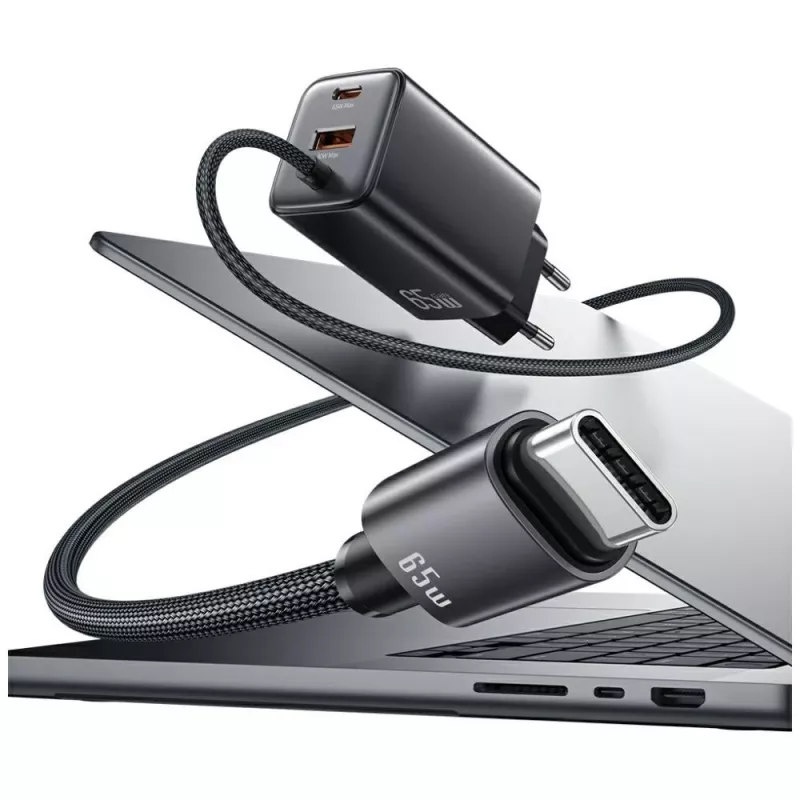 USAMS JC Series CC266 65W GaN rýchla nabíjačka s integrovaným USB-C káblom, čierna