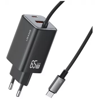 USAMS JC Series CC266 65W GaN rýchla nabíjačka s integrovaným USB-C káblom, čierna
