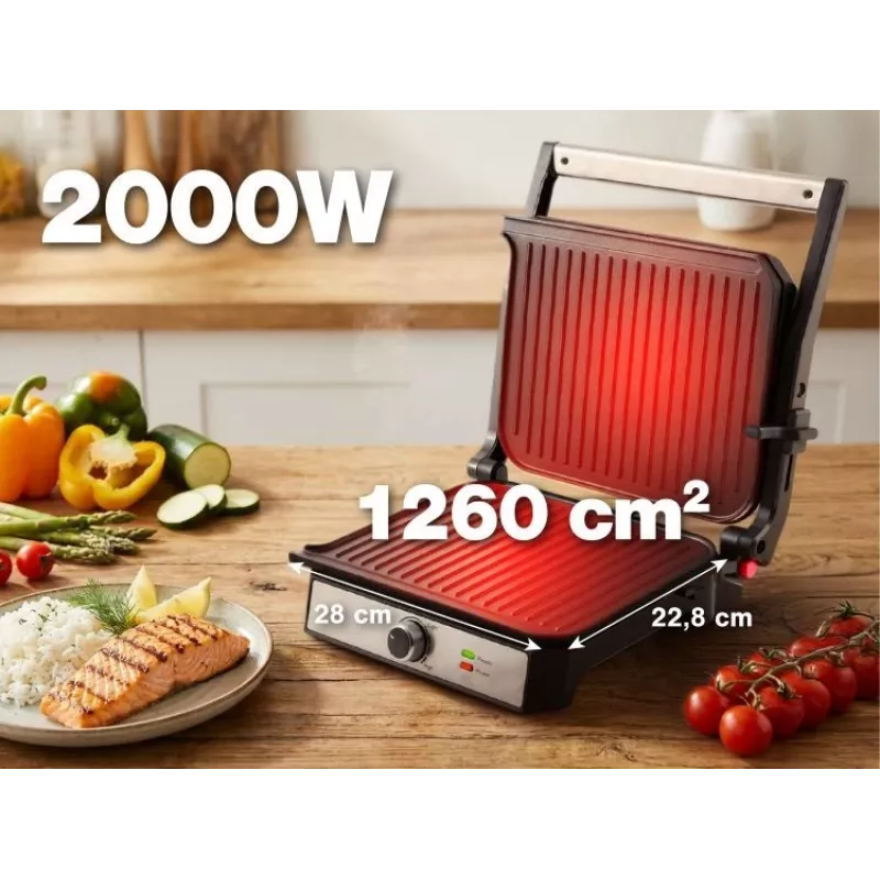 ELDOM GK200 GRILO kontaktný gril 2000W s nastaviteľným termostatom, nepriľnavé platne, čierna/strieborná