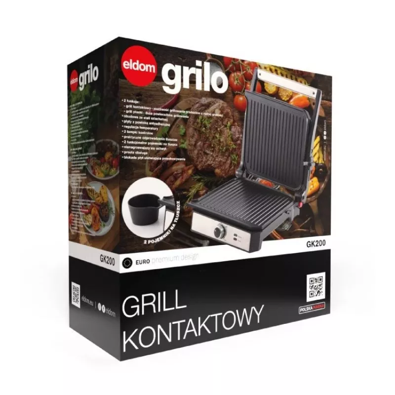 ELDOM GK200 GRILO kontaktný gril 2000W s nastaviteľným termostatom, nepriľnavé platne, čierna/strieborná
