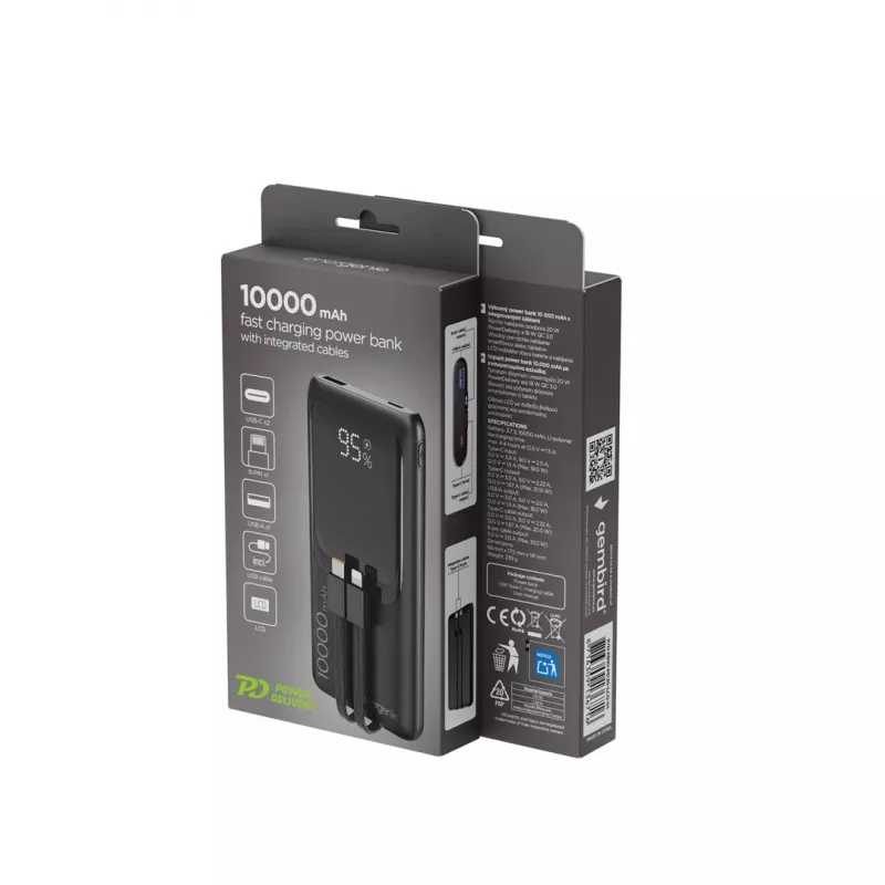 Gembird PB10-PD20-LCD-01 powerbanka s integrovanými káblami, rýchle nabíjanie 20W, 10000 mAh, čierna